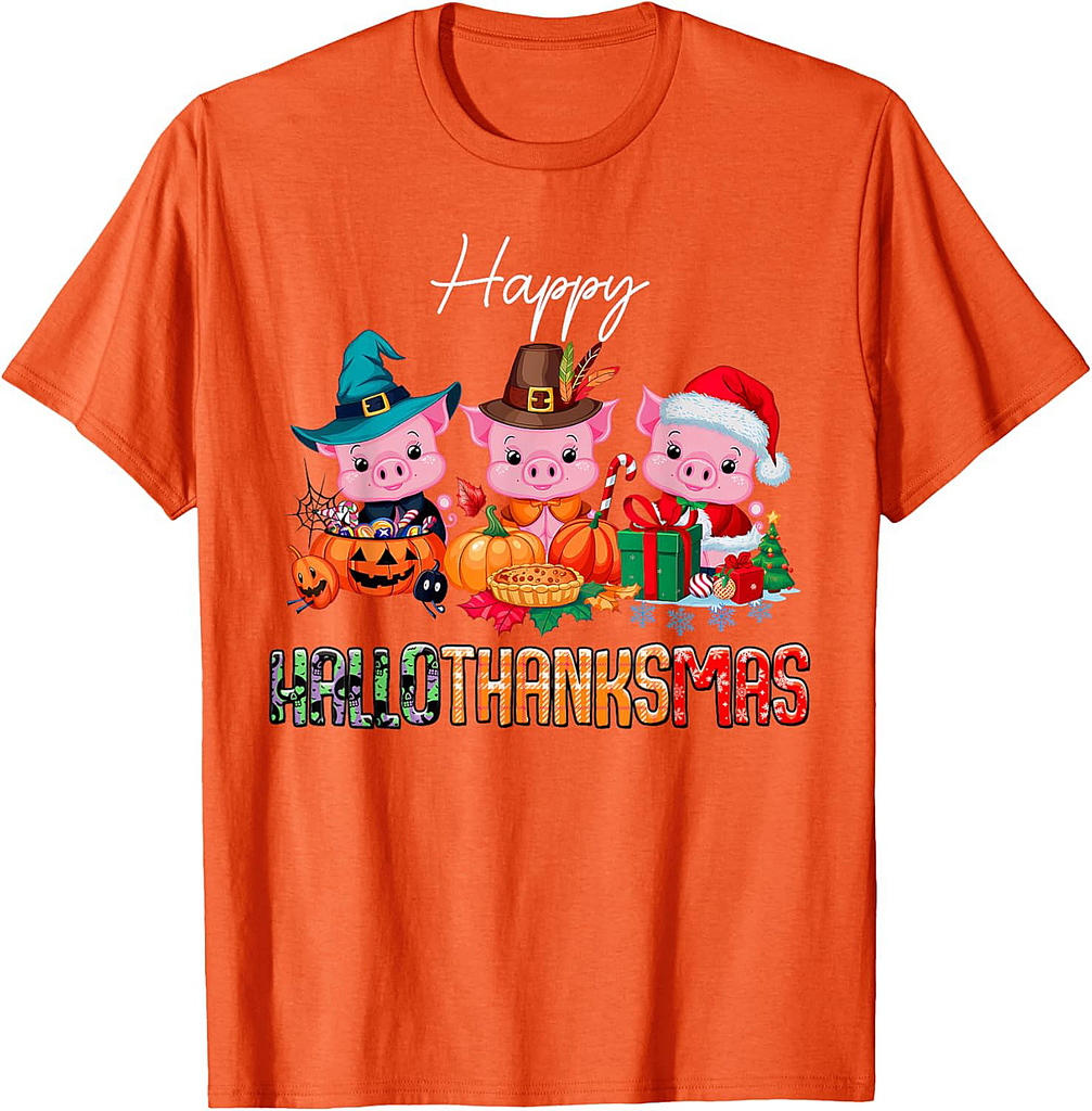 Pigs Happy Hallothanksmas Halloween Thanksgiving Christmas T-Shirt