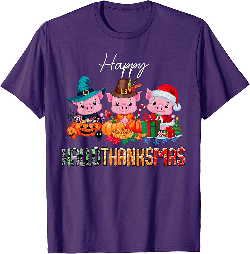 Pigs Happy Hallothanksmas Halloween Thanksgiving Christmas T-Shirt
