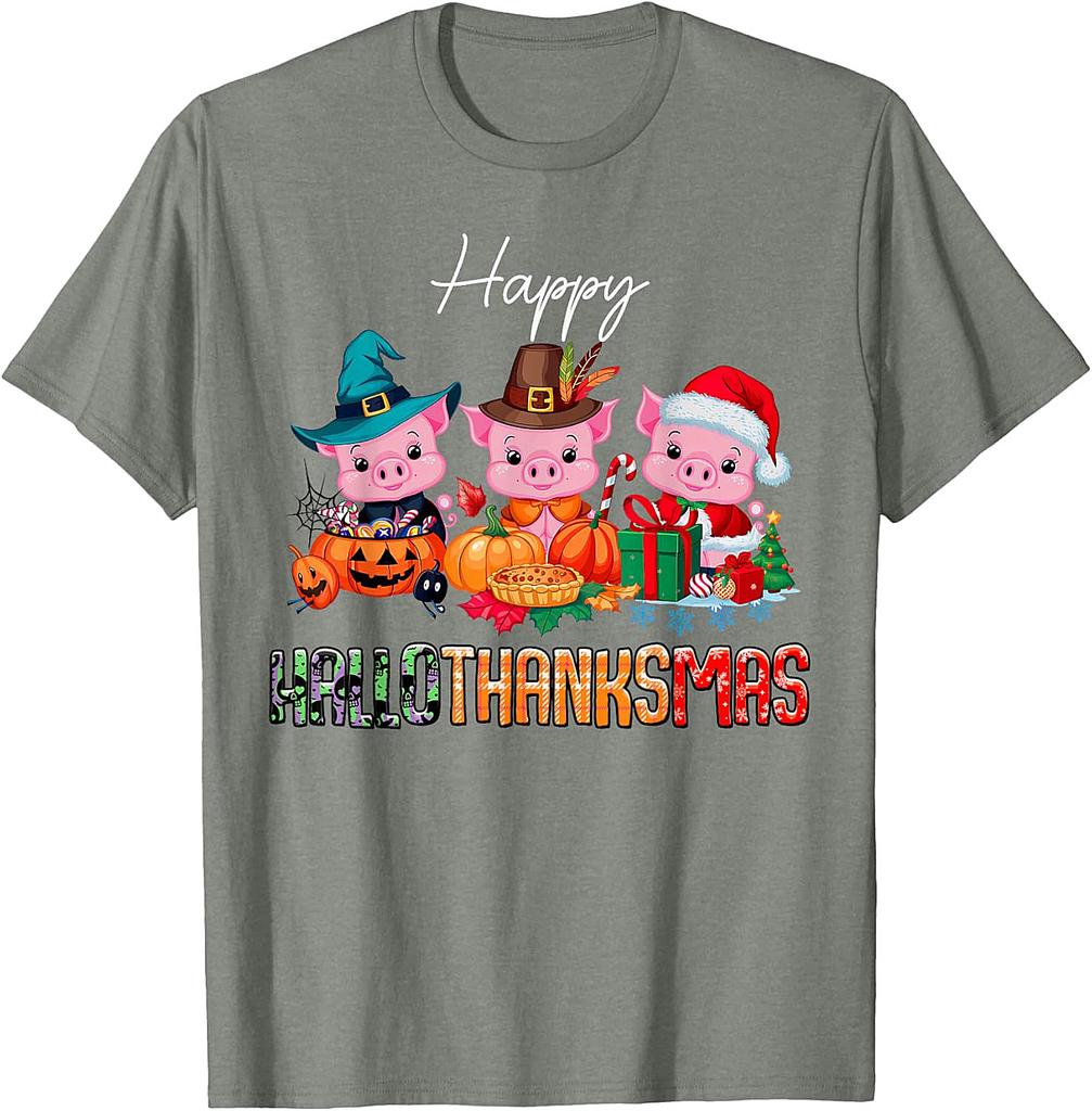 Pigs Happy Hallothanksmas Halloween Thanksgiving Christmas T-Shirt