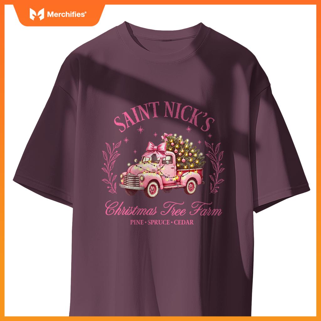 Pink Christmas Tree St Nick Christmas Farm Truck Pink Santa T-Shirt