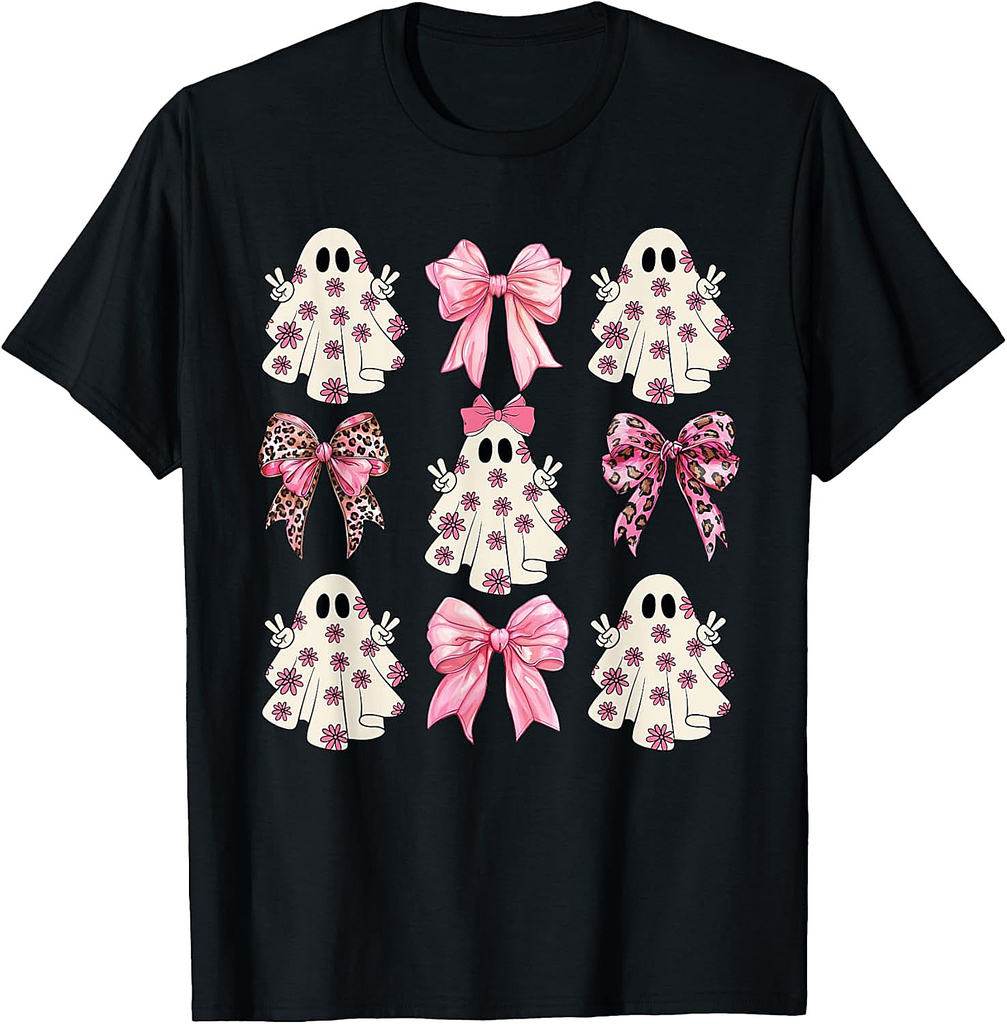 Pink Ghost Florals Coquette Bows Pumpkins Halloween Girls T-Shirt