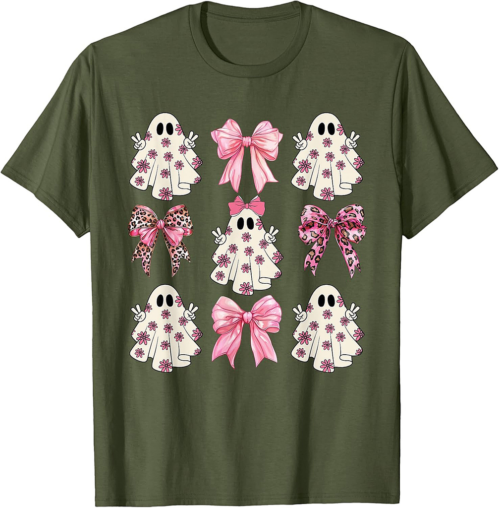 Pink Ghost Florals Coquette Bows Pumpkins Halloween Girls T-Shirt