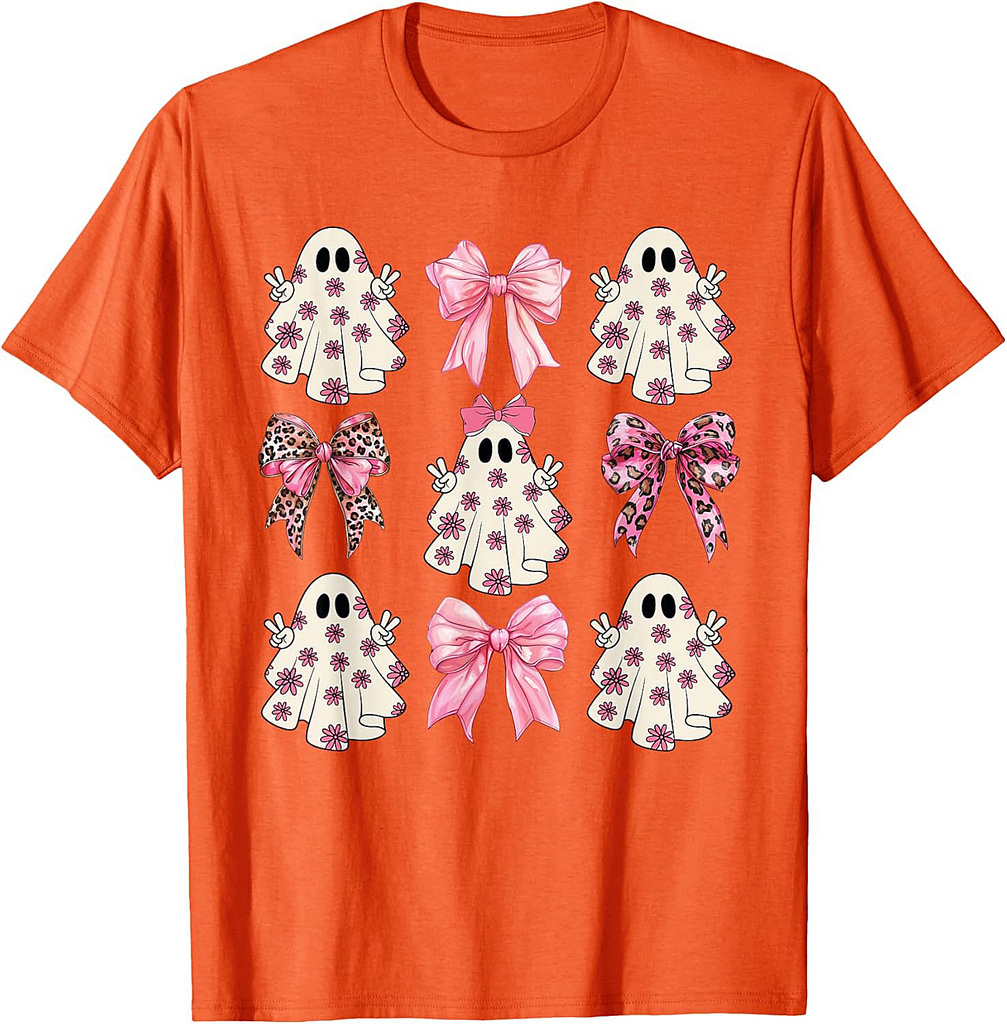Pink Ghost Florals Coquette Bows Pumpkins Halloween Girls T-Shirt
