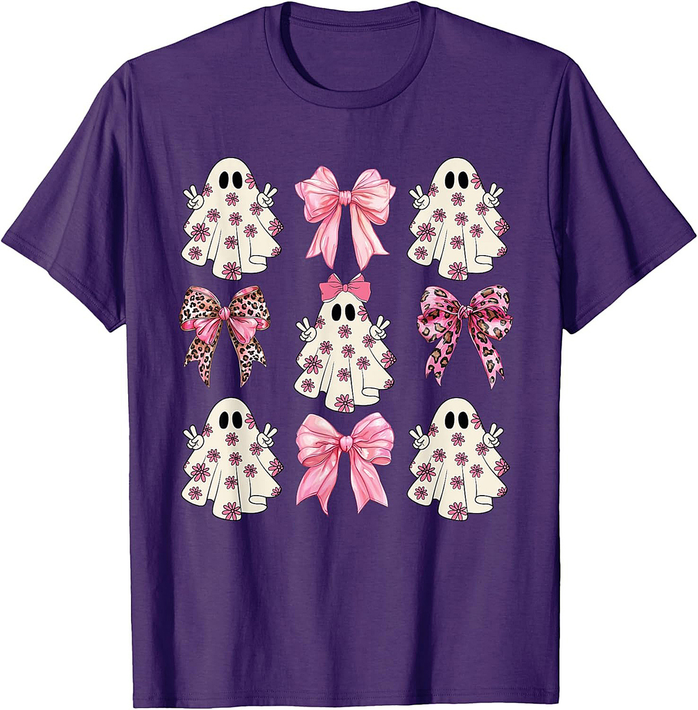 Pink Ghost Florals Coquette Bows Pumpkins Halloween Girls T-Shirt