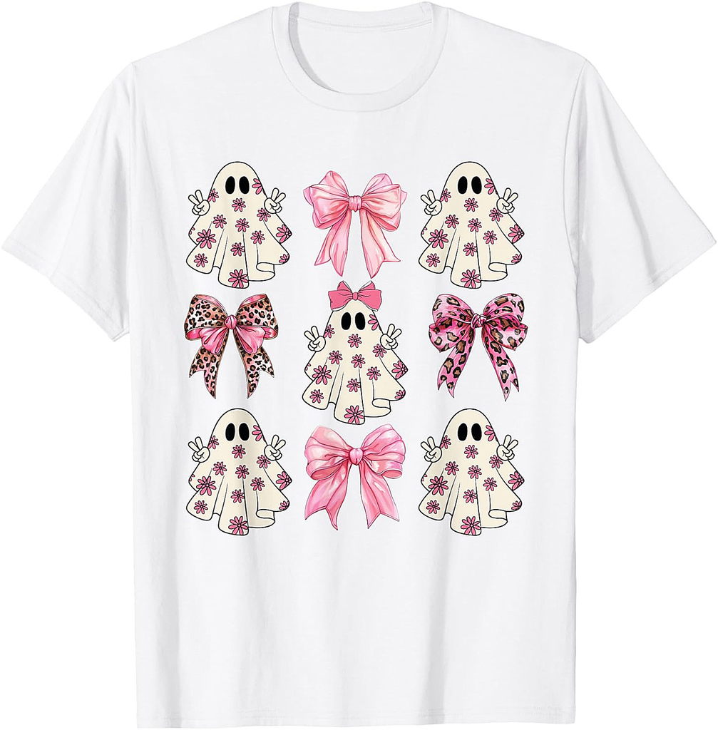 Pink Ghost Florals Coquette Bows Pumpkins Halloween Girls T-Shirt