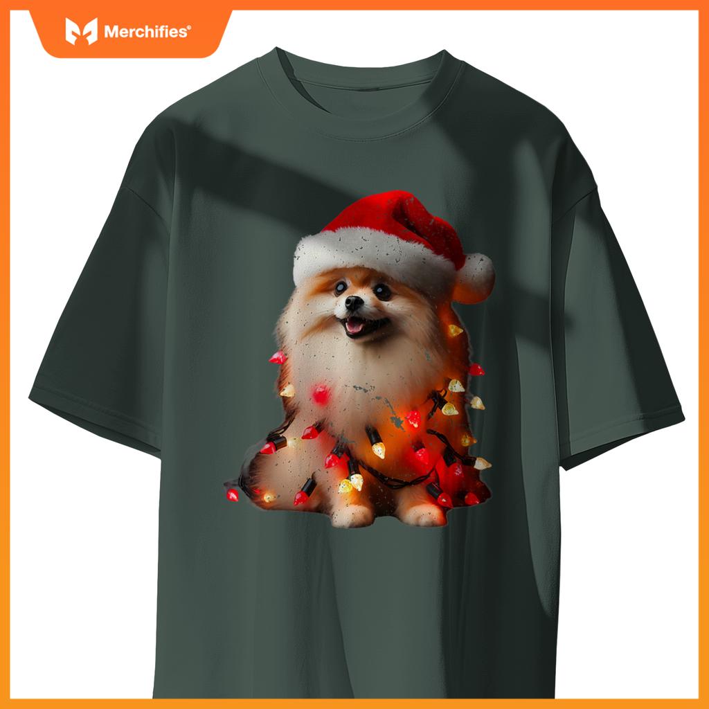 Pomeranian With Santa Hat And Christmas Lights Dog Owner Mom T-Shirt