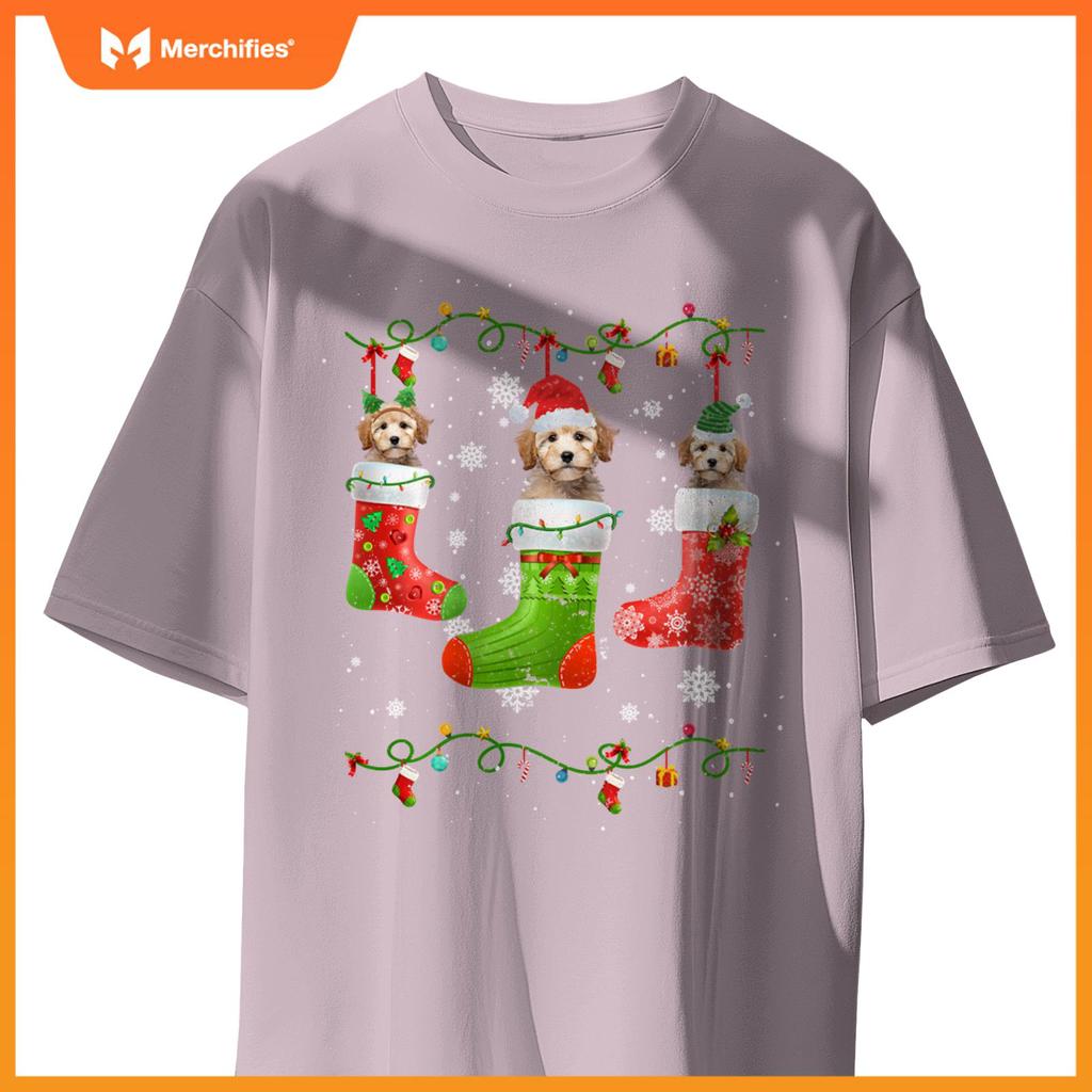 Poodle Dog Christmas Socks Lights Puppy Dog Lover T-Shirt