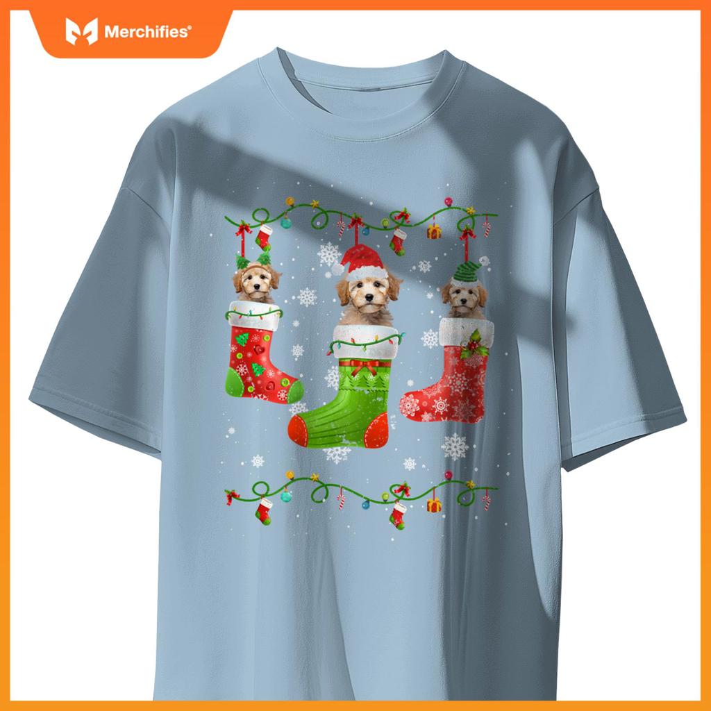 Poodle Dog Christmas Socks Lights Puppy Dog Lover T-Shirt