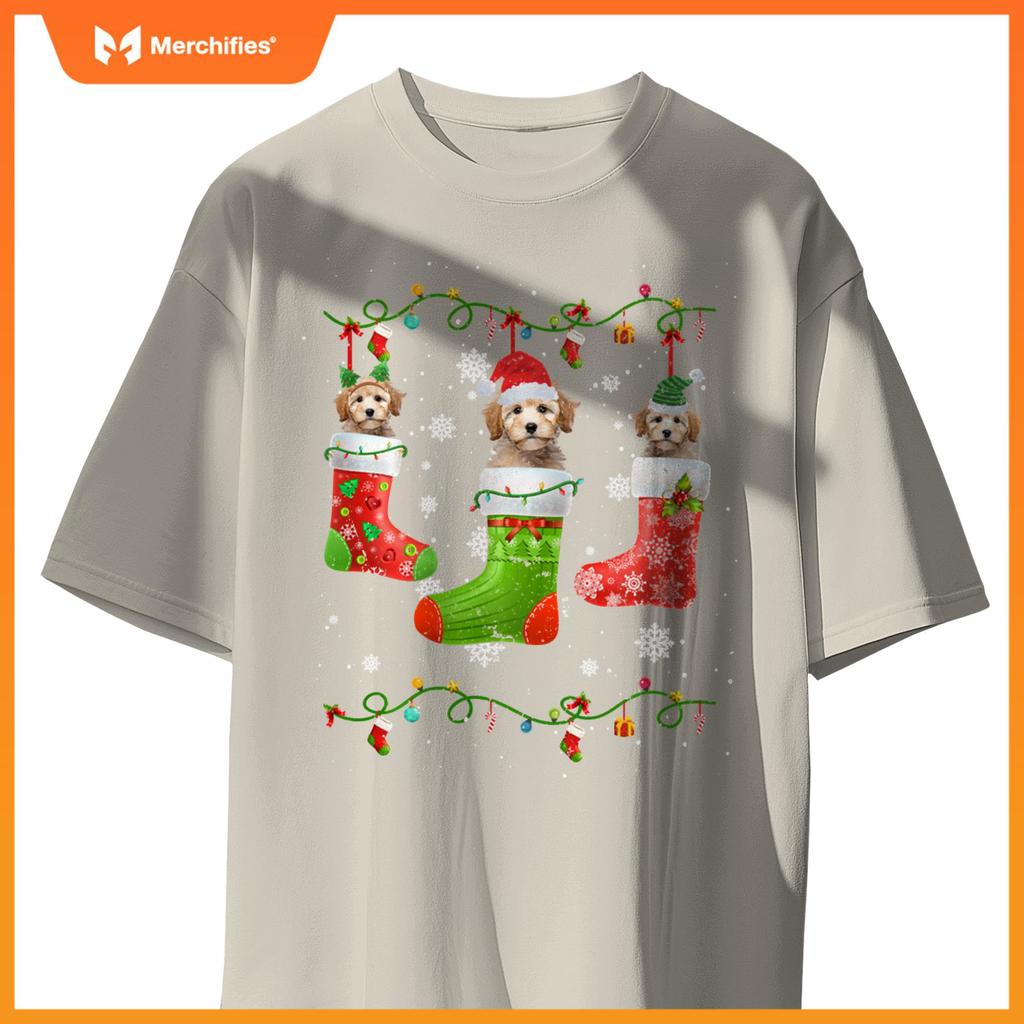 Poodle Dog Christmas Socks Lights Puppy Dog Lover T-Shirt