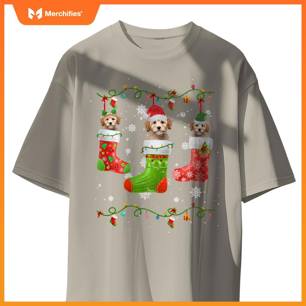 Poodle Dog Christmas Socks Lights Puppy Dog Lover T-Shirt