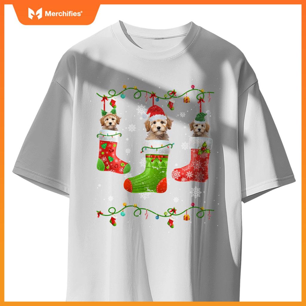 Poodle Dog Christmas Socks Lights Puppy Dog Lover T-Shirt
