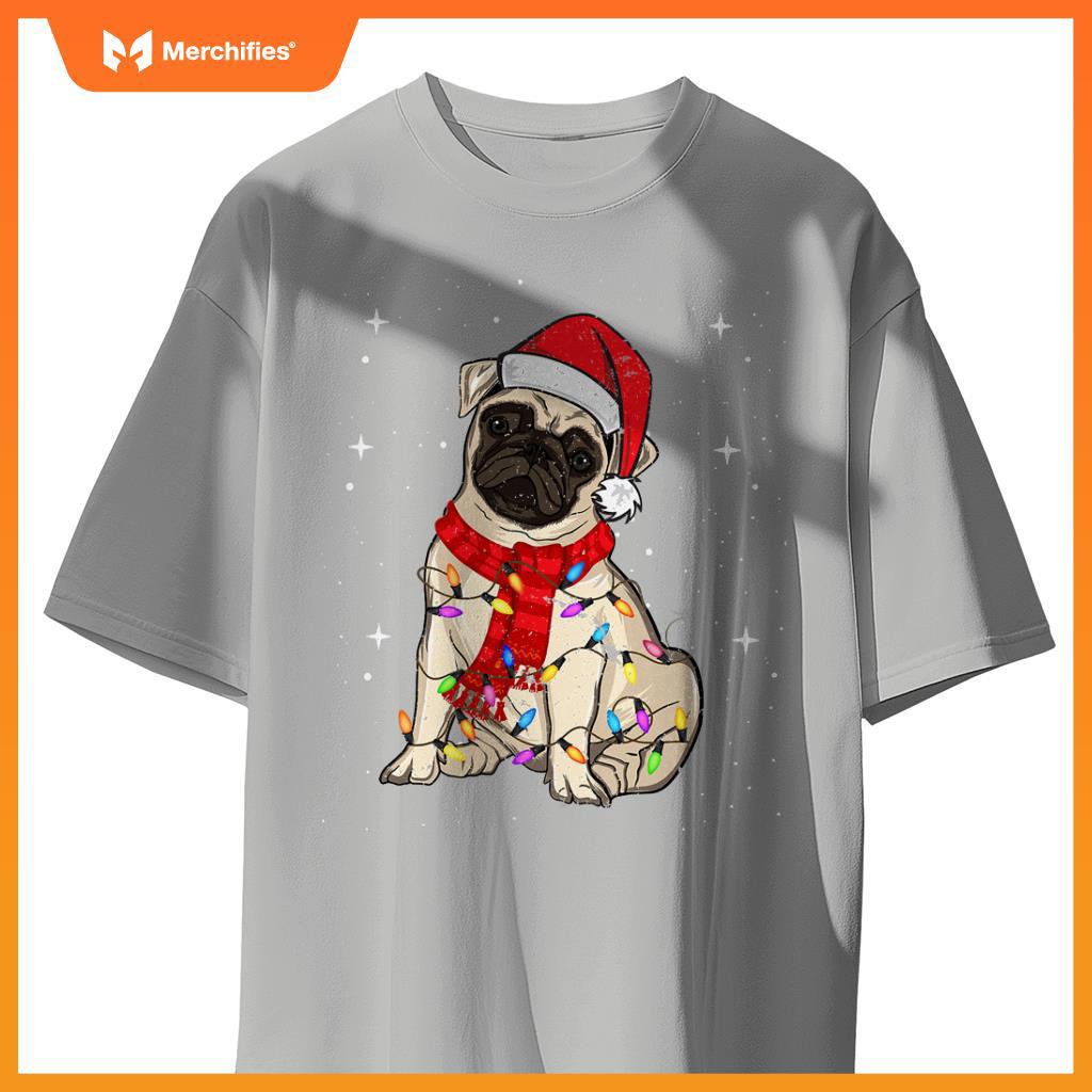 Pug Dogs Christmas Light Santa Hat Puggy Lover Xmas T-Shirt