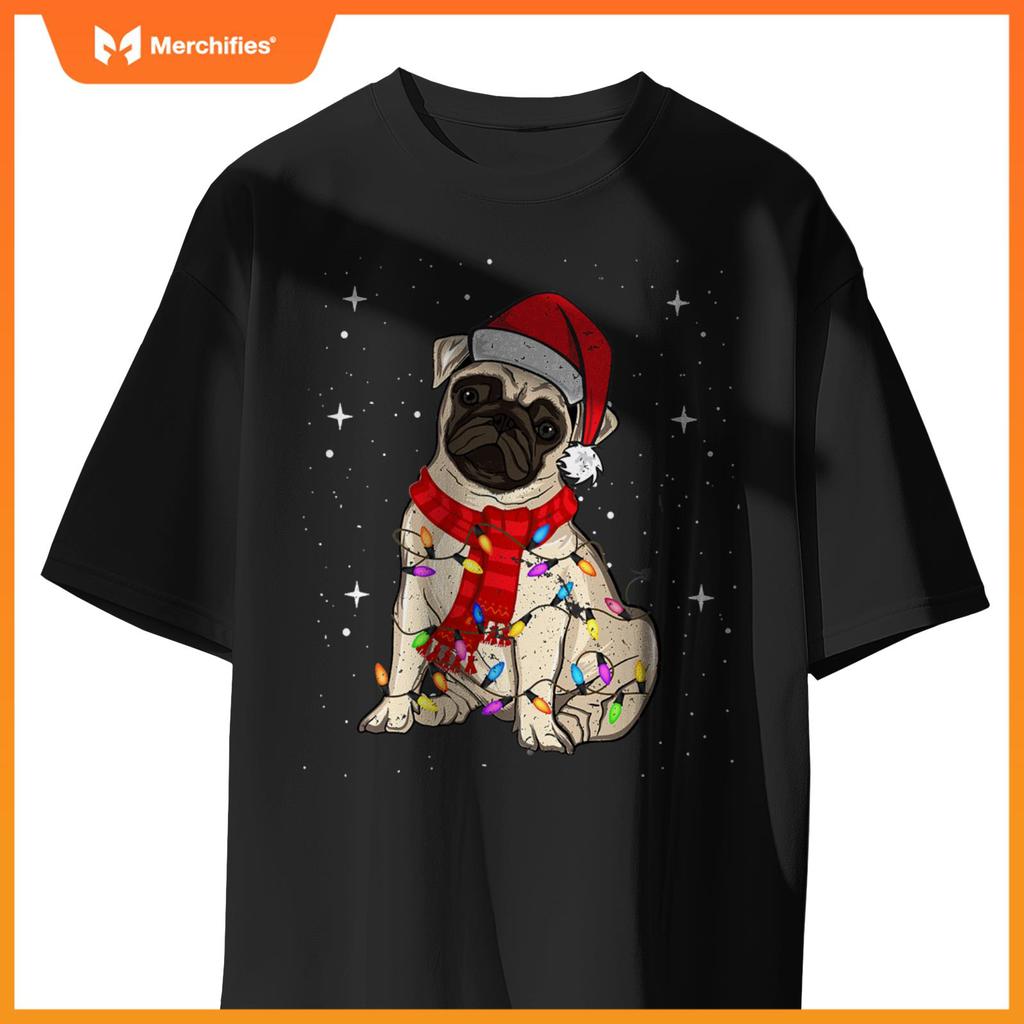 Pug Dogs Christmas Light Santa Hat Puggy Lover Xmas T-Shirt