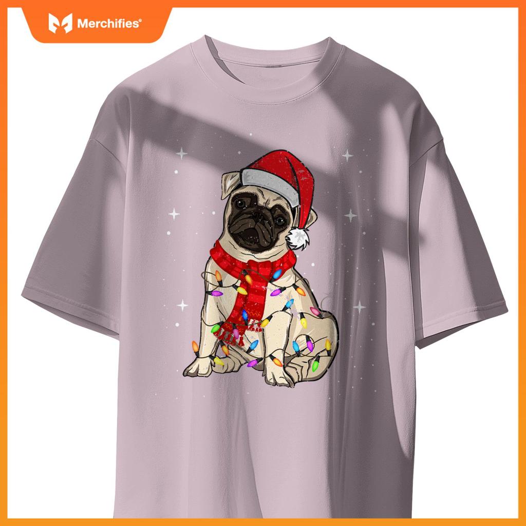 Pug Dogs Christmas Light Santa Hat Puggy Lover Xmas T-Shirt