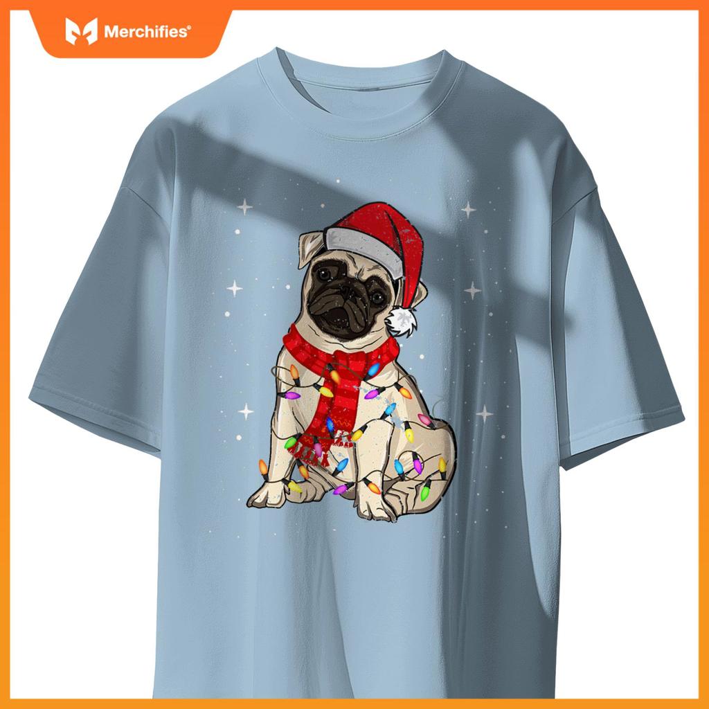 Pug Dogs Christmas Light Santa Hat Puggy Lover Xmas T-Shirt