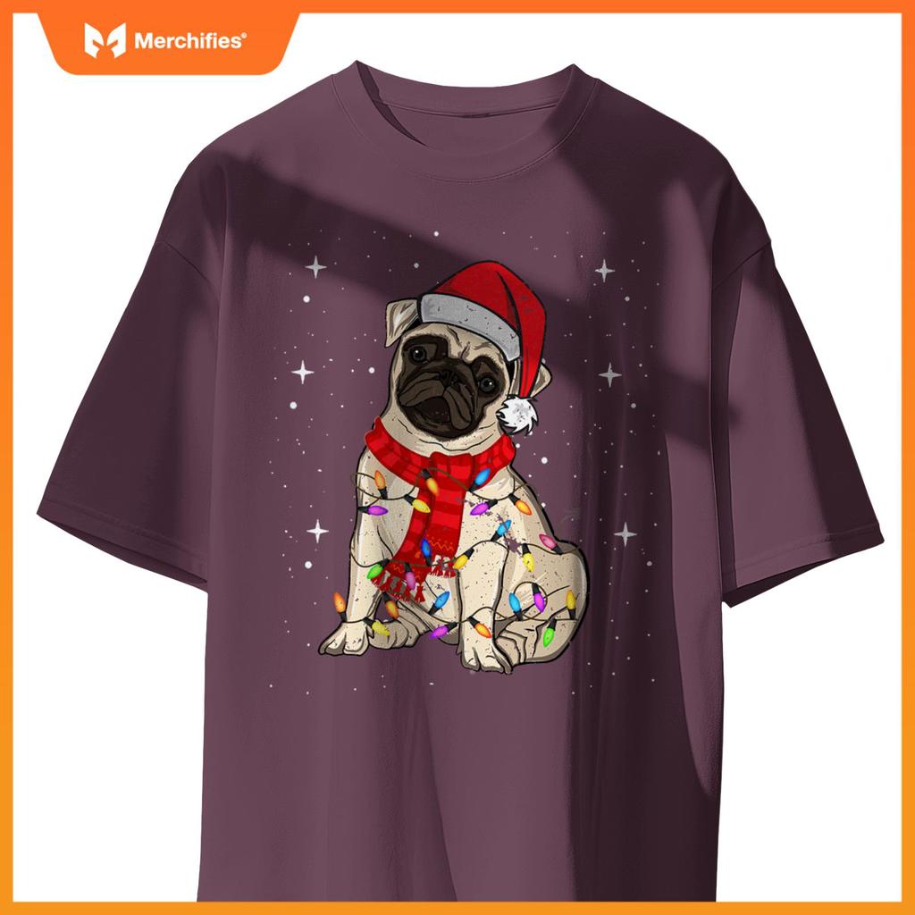 Pug Dogs Christmas Light Santa Hat Puggy Lover Xmas T-Shirt