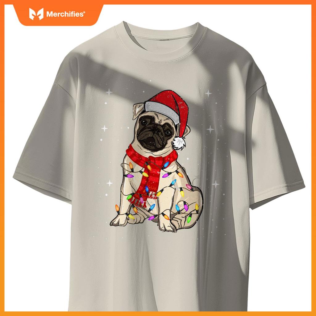 Pug Dogs Christmas Light Santa Hat Puggy Lover Xmas T-Shirt