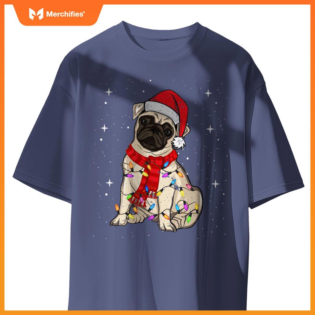Pug Dogs Christmas Light Santa Hat Puggy Lover Xmas T-Shirt
