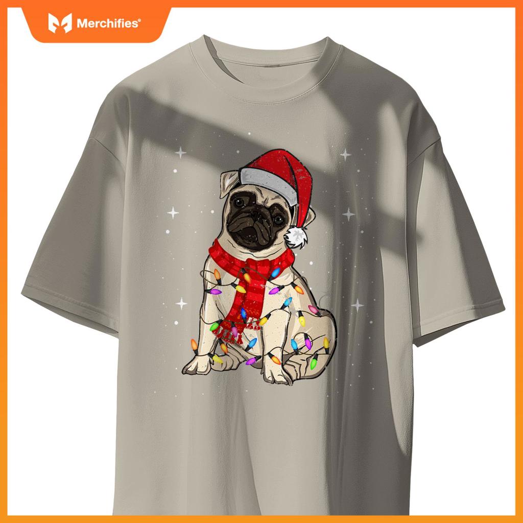 Pug Dogs Christmas Light Santa Hat Puggy Lover Xmas T-Shirt