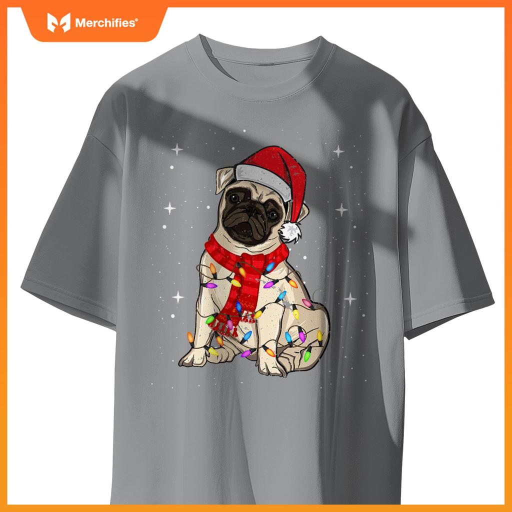 Pug Dogs Christmas Light Santa Hat Puggy Lover Xmas T-Shirt