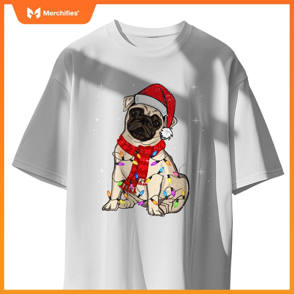 Pug Dogs Christmas Light Santa Hat Puggy Lover Xmas T-Shirt