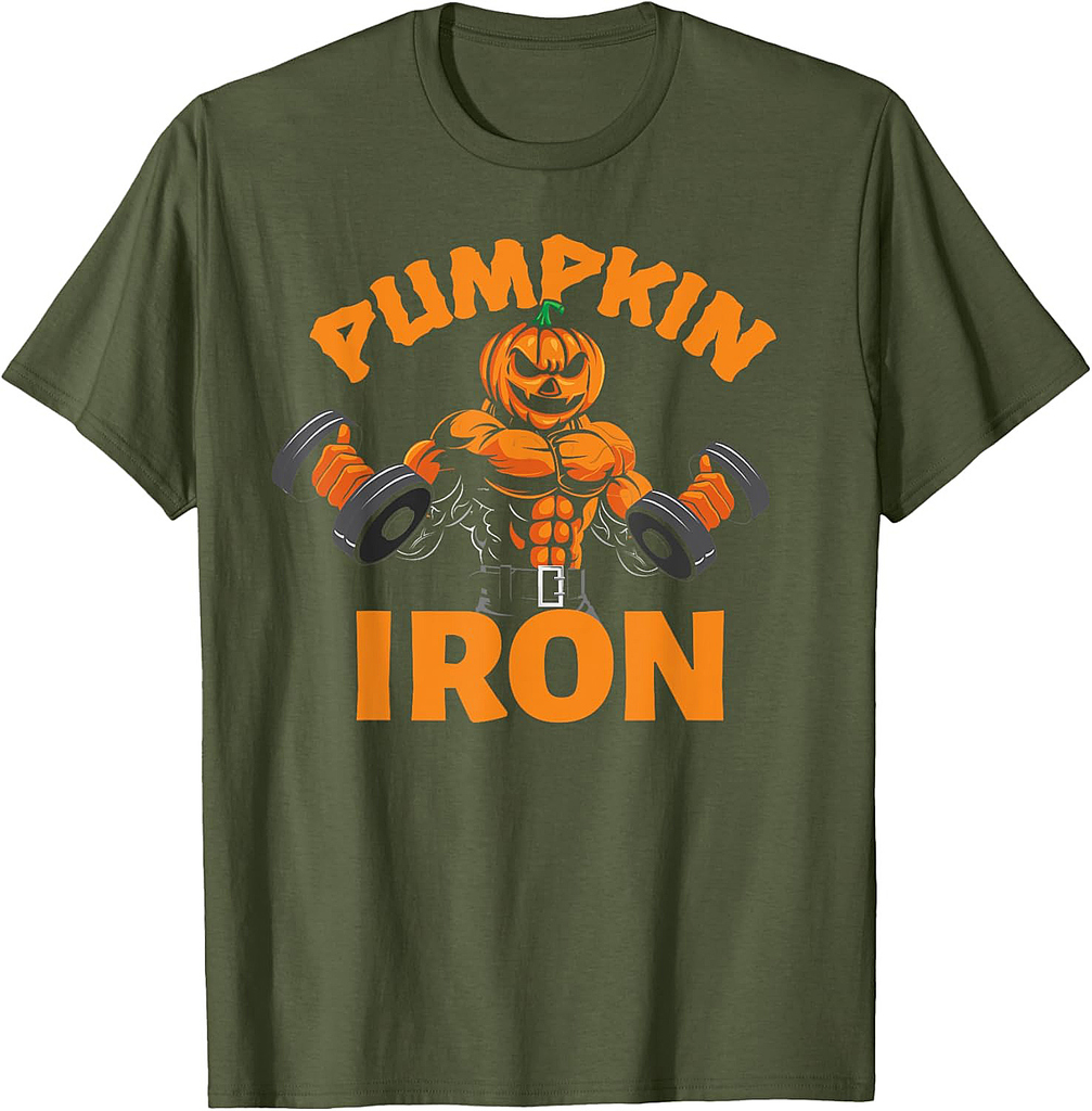 Pumpkin Iron Halloween Gym Workout Lifting Pun Funny T-Shirt