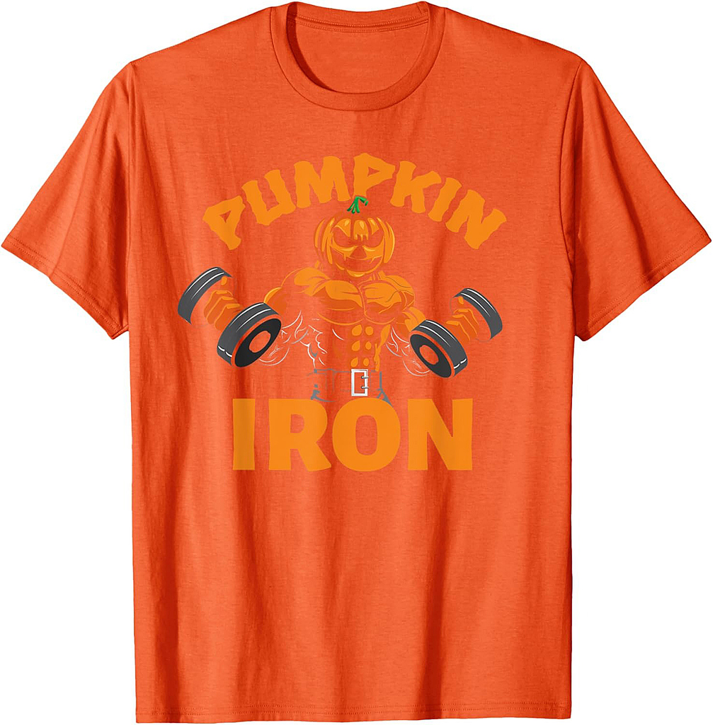 Pumpkin Iron Halloween Gym Workout Lifting Pun Funny T-Shirt