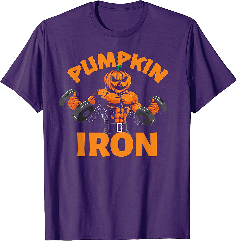 Pumpkin Iron Halloween Gym Workout Lifting Pun Funny T-Shirt