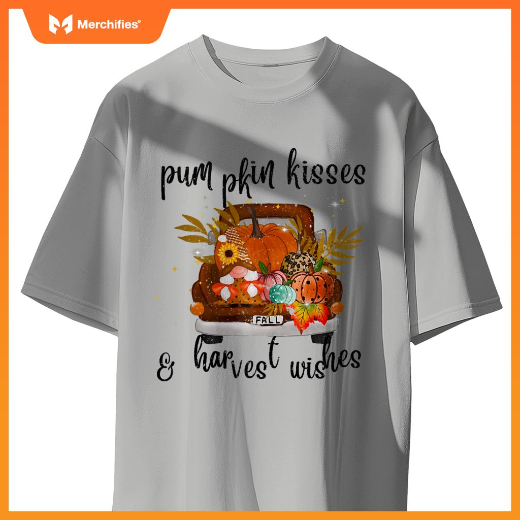 Pumpkin Kisses Harvest Wishes Fall Autumn Gnome Truck Design T-Shirt