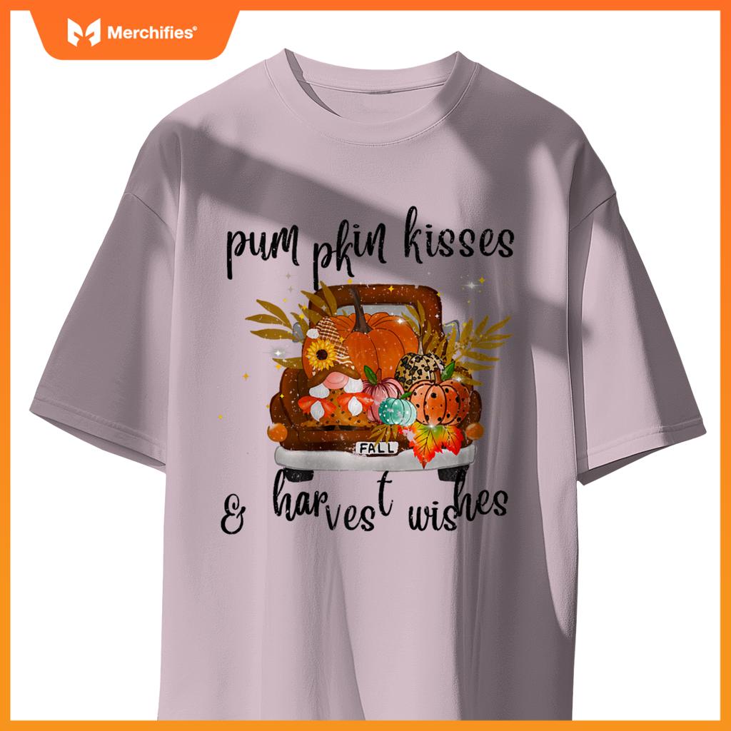 Pumpkin Kisses Harvest Wishes Fall Autumn Gnome Truck Design T-Shirt