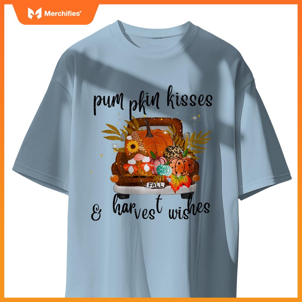 Pumpkin Kisses Harvest Wishes Fall Autumn Gnome Truck Design T-Shirt