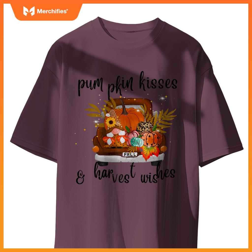 Pumpkin Kisses Harvest Wishes Fall Autumn Gnome Truck Design T-Shirt