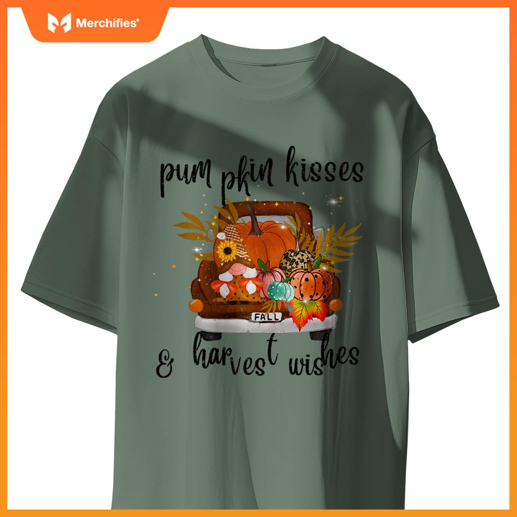 Pumpkin Kisses Harvest Wishes Fall Autumn Gnome Truck Design T-Shirt