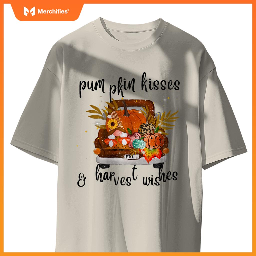 Pumpkin Kisses Harvest Wishes Fall Autumn Gnome Truck Design T-Shirt