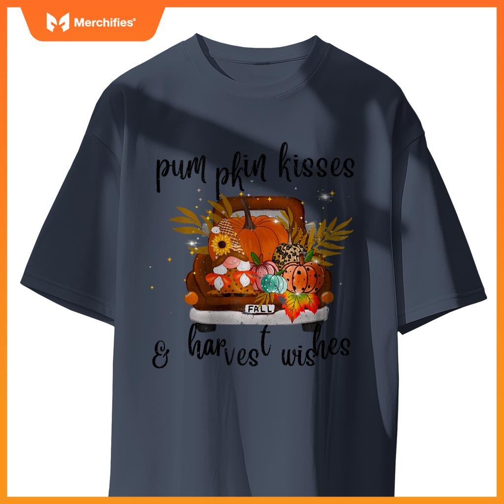 Pumpkin Kisses Harvest Wishes Fall Autumn Gnome Truck Design T-Shirt