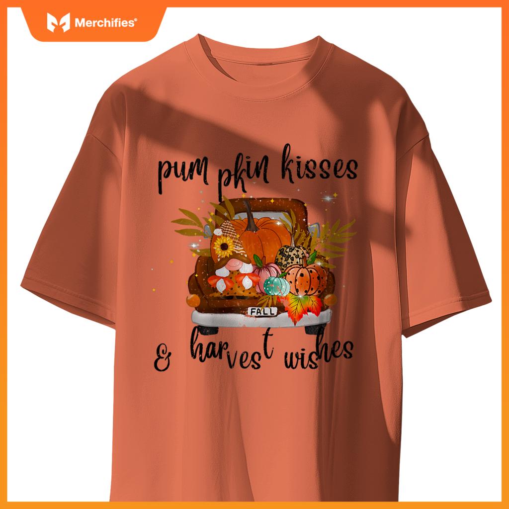 Pumpkin Kisses Harvest Wishes Fall Autumn Gnome Truck Design T-Shirt