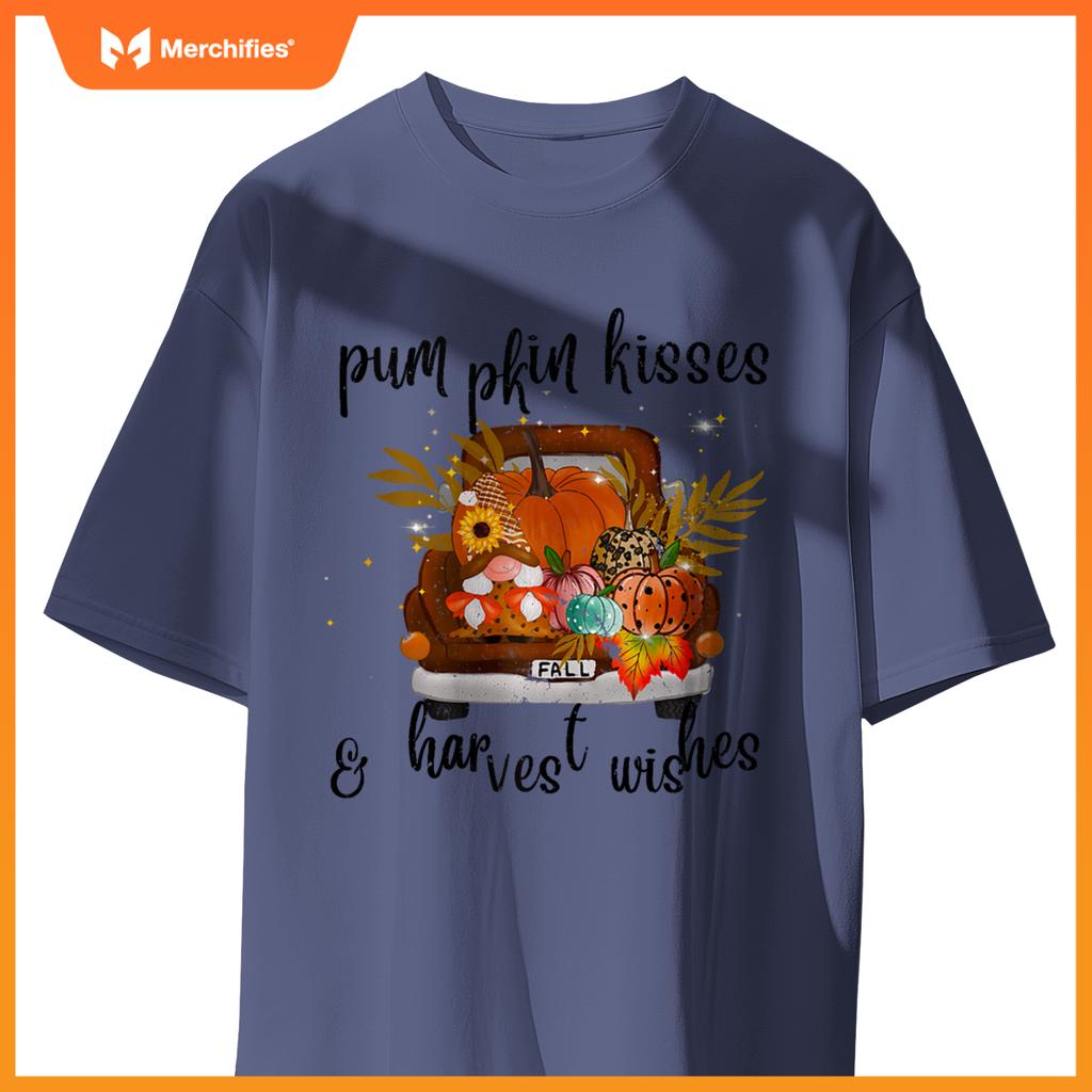 Pumpkin Kisses Harvest Wishes Fall Autumn Gnome Truck Design T-Shirt