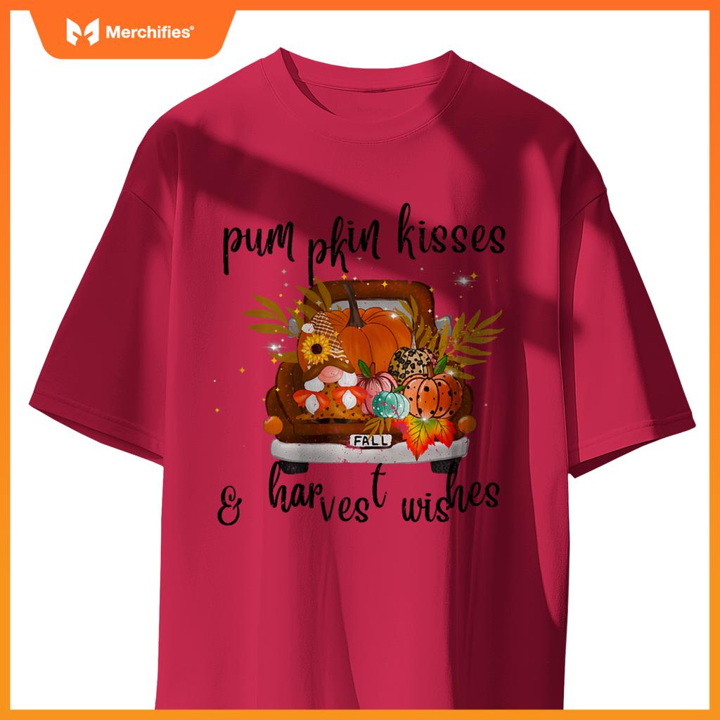 Pumpkin Kisses Harvest Wishes Fall Autumn Gnome Truck Design T-Shirt