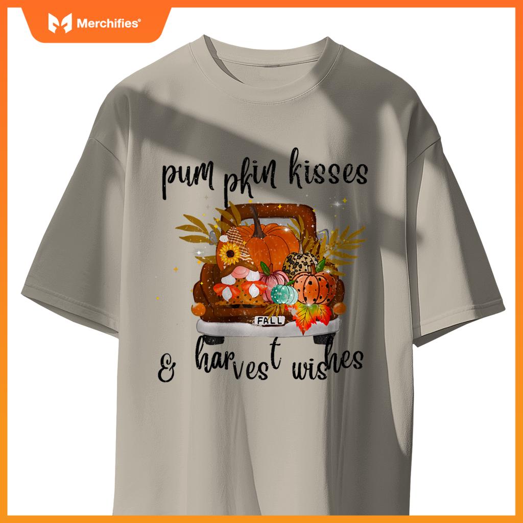 Pumpkin Kisses Harvest Wishes Fall Autumn Gnome Truck Design T-Shirt