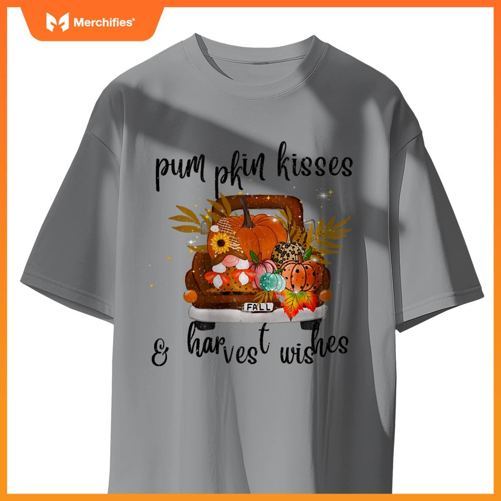 Pumpkin Kisses Harvest Wishes Fall Autumn Gnome Truck Design T-Shirt