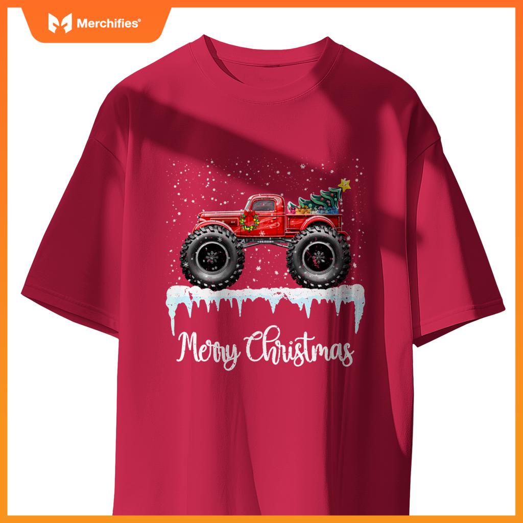 Merry Christmas Red Monster Truck Old Fashioned Xmas T-Shirt