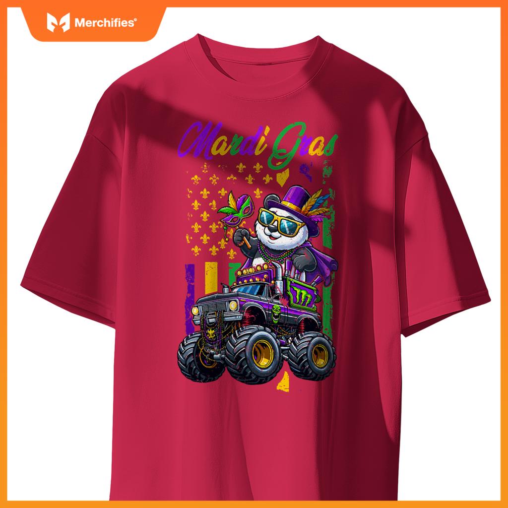 Mardi Gras Panda Sunglasses On Monster Truck Beads Masked T-Shirt