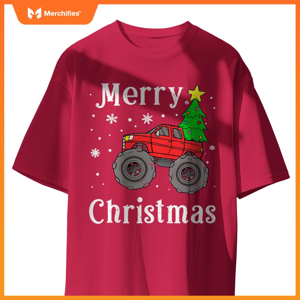 Kids Boys Monster Truck Merry Christmas Tree Snowflakes T-Shirt