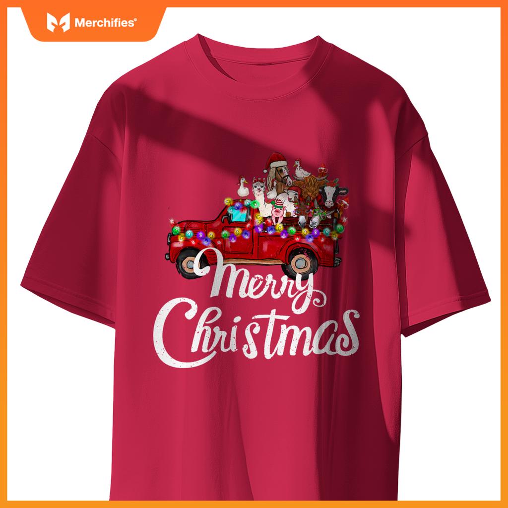 Merry Christmas Cute Christmas Farm Animal Truck T-Shirt