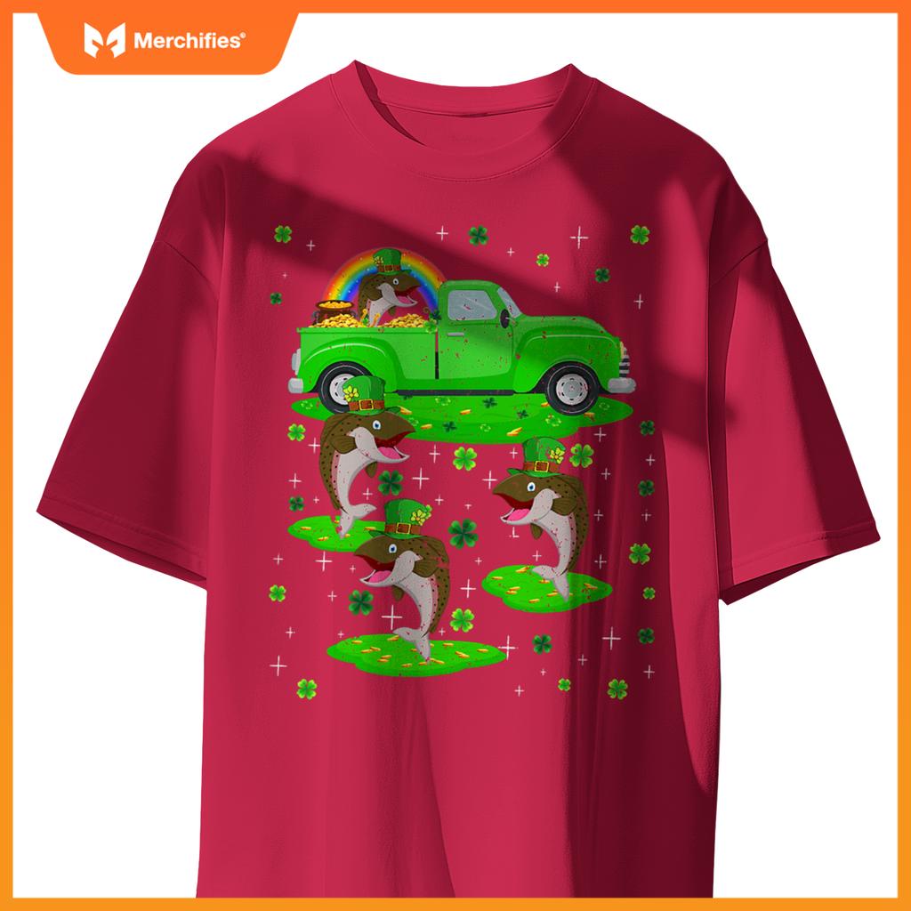 Irish Shamrock Green Truck On Salmon Fish St Patricks Day T-Shirt