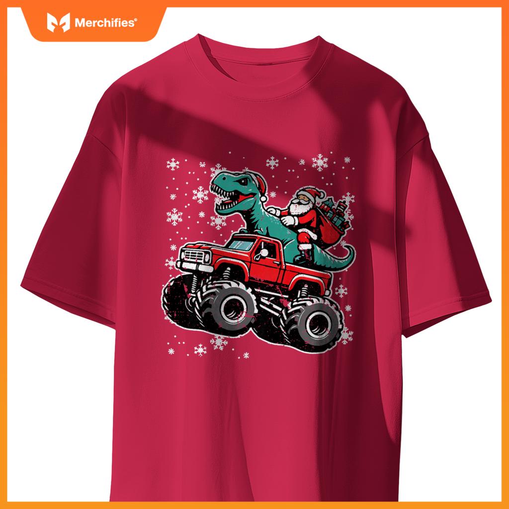 Kids Christmas Monster Truck Dino Santa Xmas Toddler Boys Kids T-Shirt