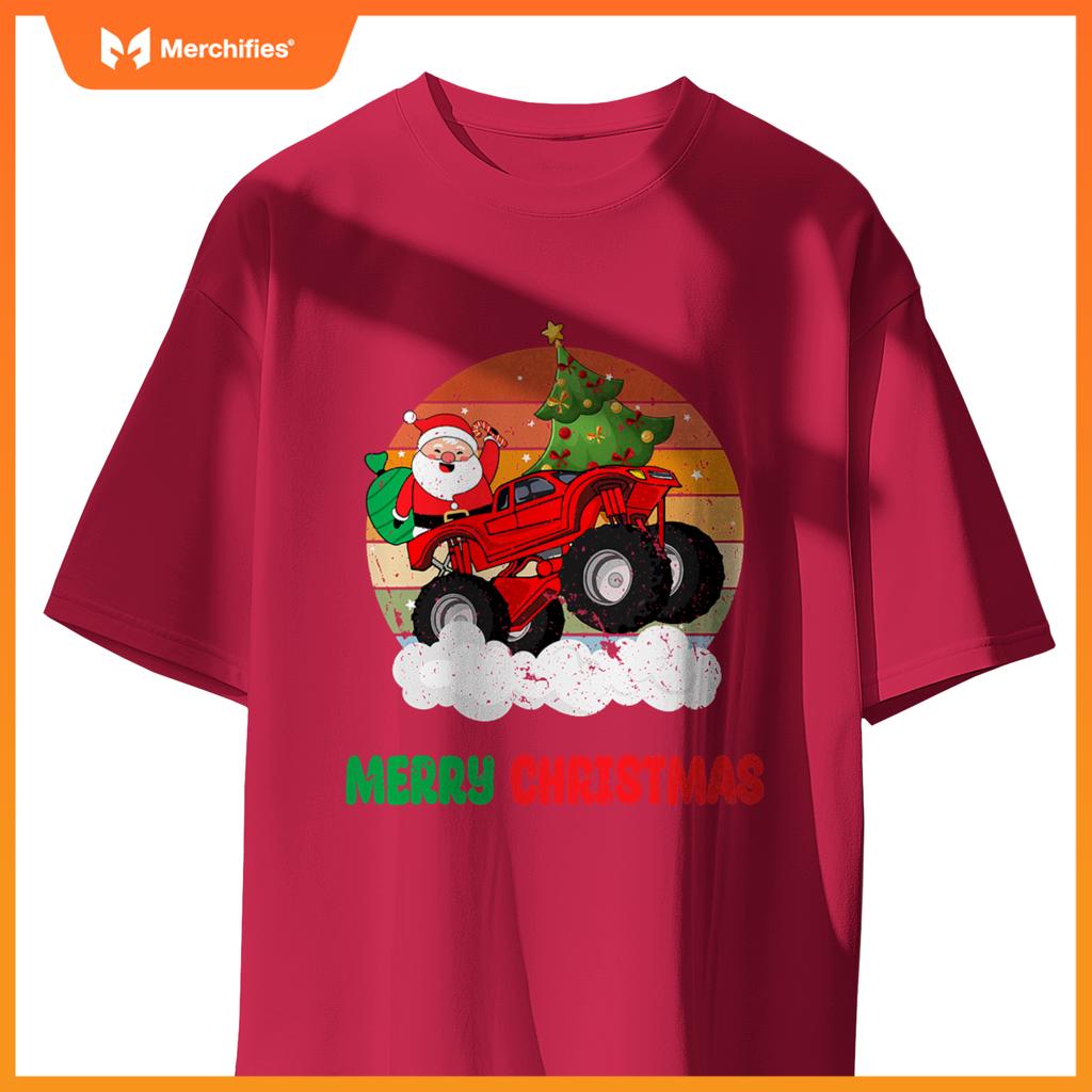 Kids Merry Xmas Santa Monster Truck Christmas Tree Light T-Shirt