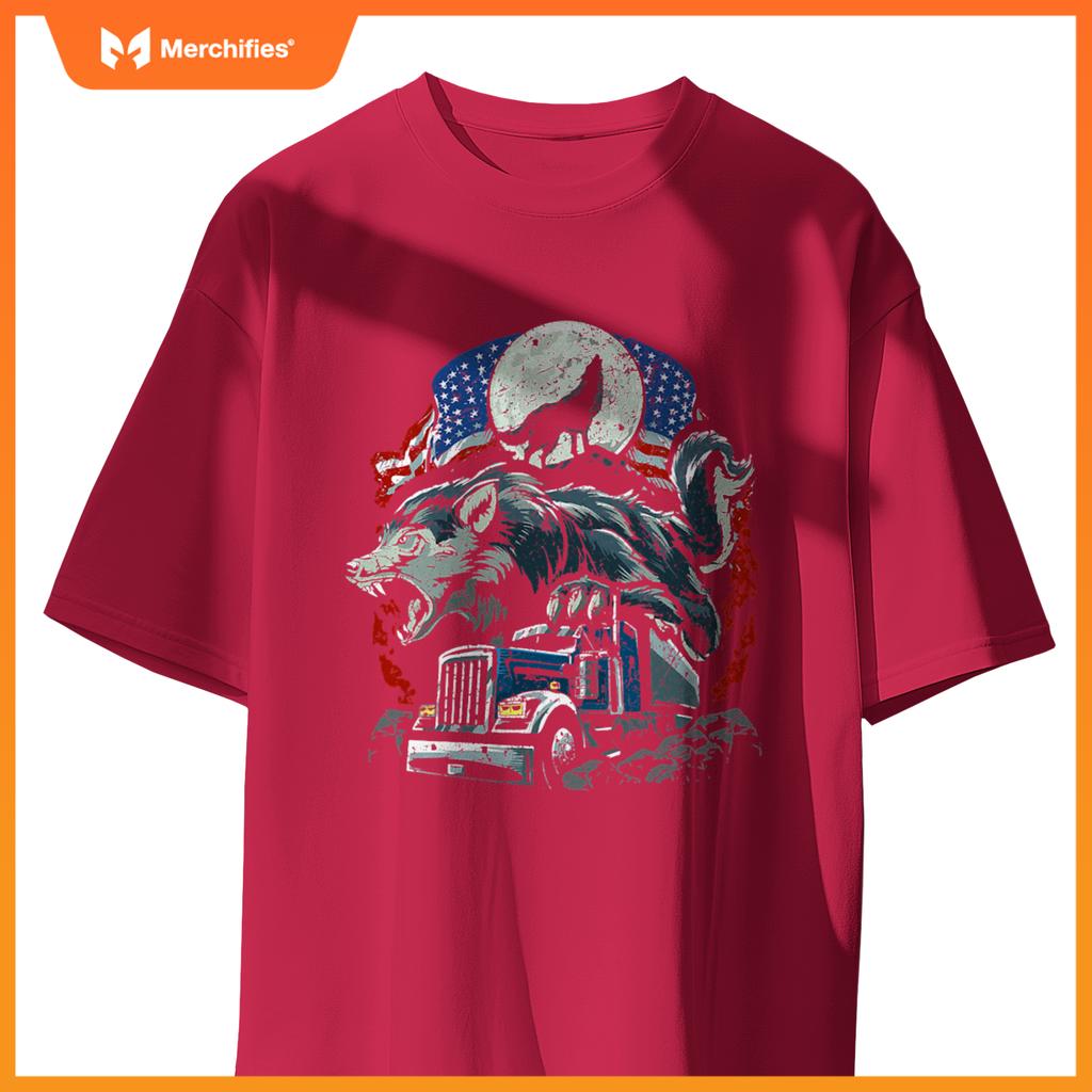 Mens Usa Flag Truck Howling Wolf American Patriotic Trucker T-Shirt