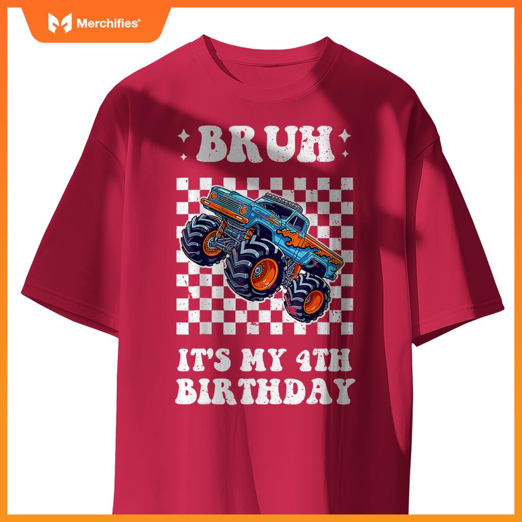 Kid 4 Years Old Bruh It's My 4th Birthday Boys Monster Truck T-Shirt