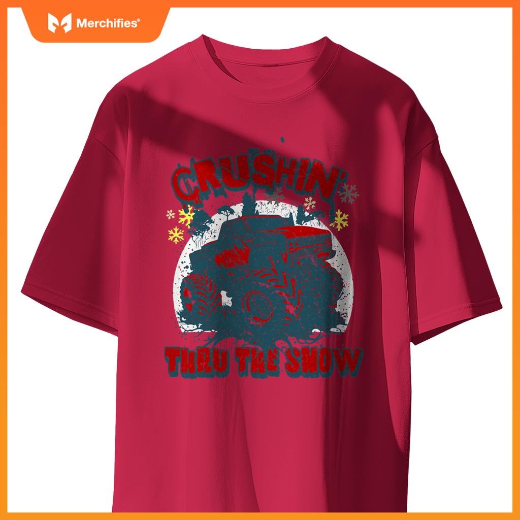 Monster Truck Crushin Thru Snow Winter Boys Man T-Shirt